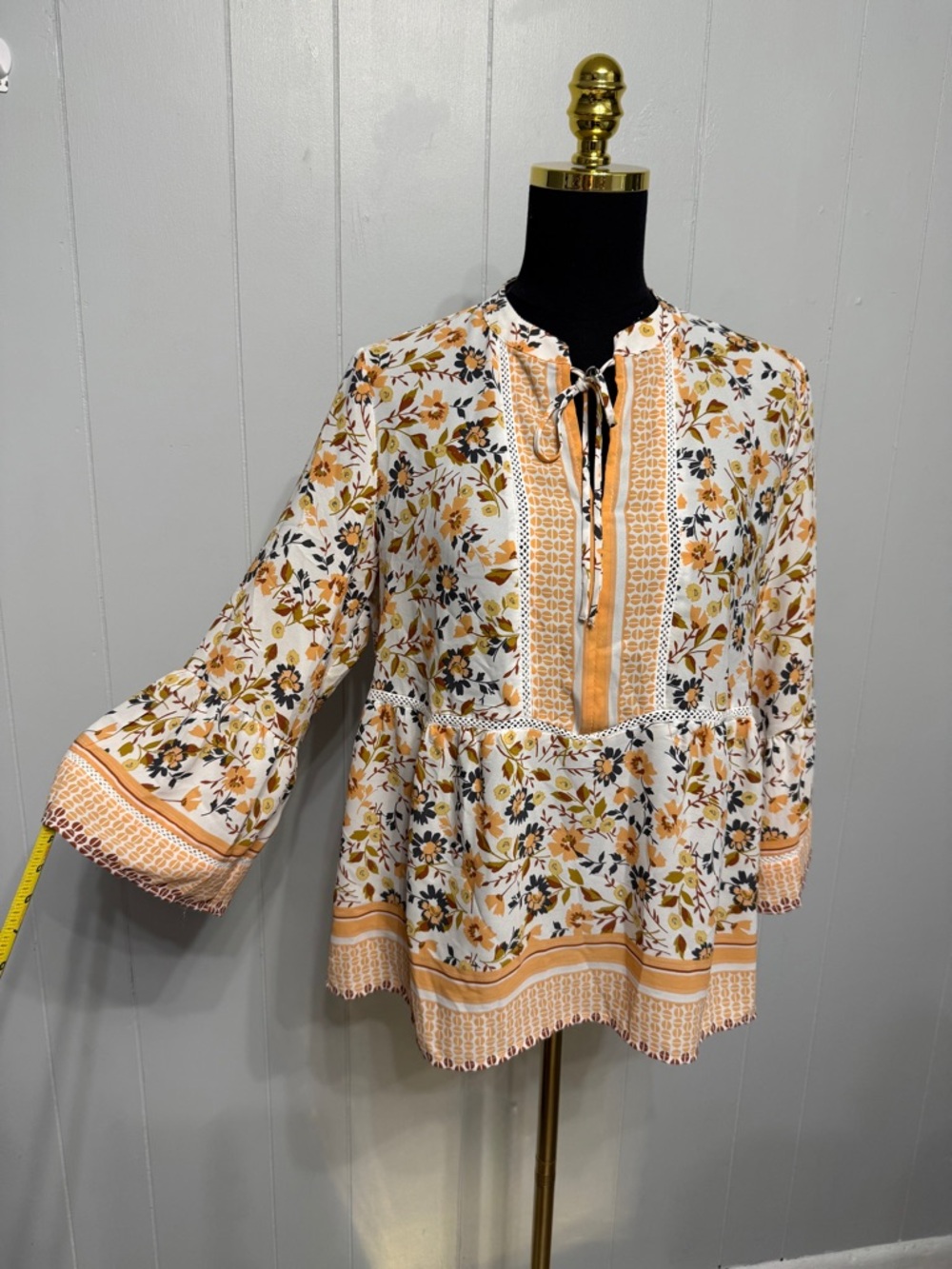 #16)  Fever Floral Tie-Neck Peasant multi color floral Top